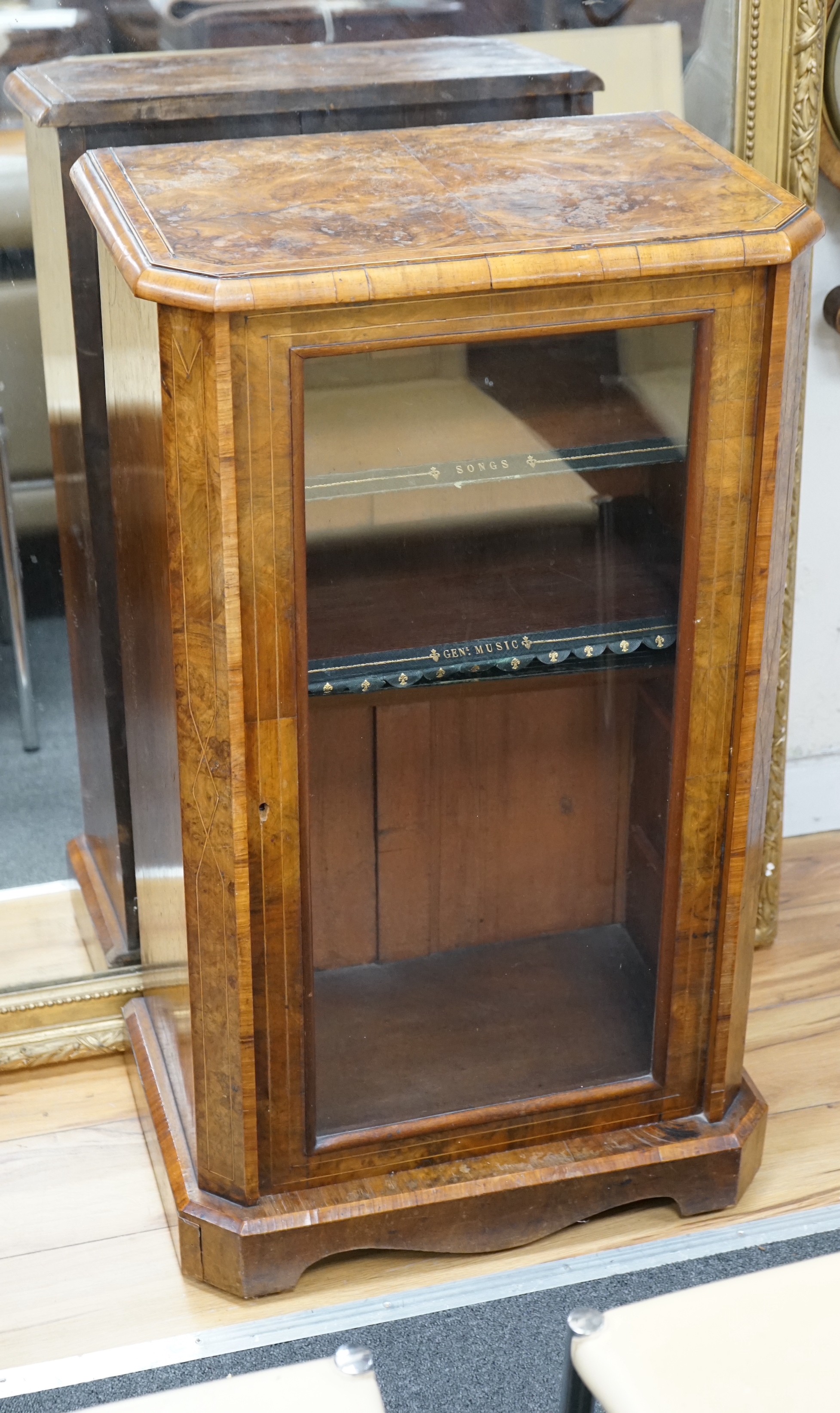 Two Victorian walnut music cabinets, larger width 53cm, depth 34cm, height 90cm